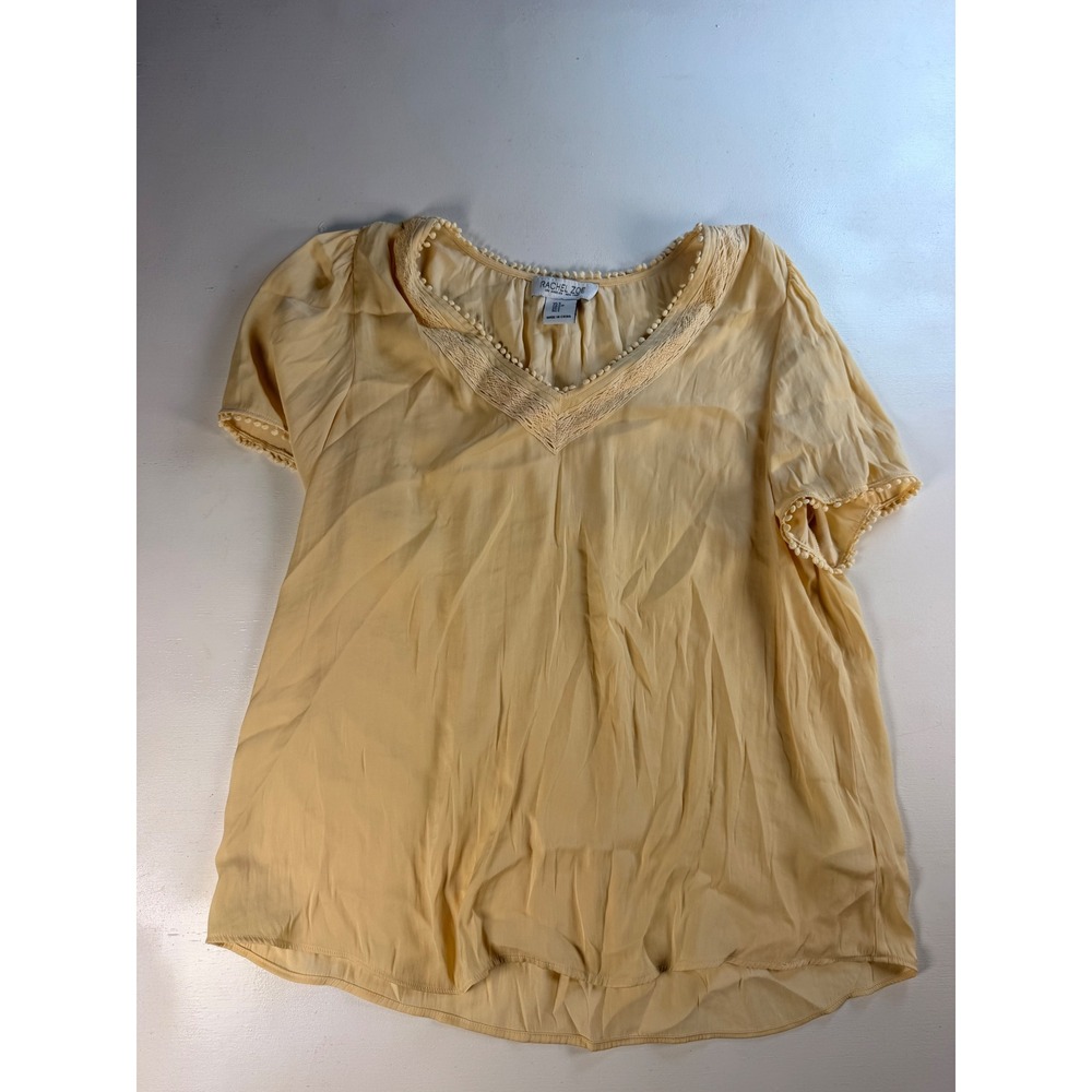 Rachel Zoe Blouse Women Small Yellow Excellent Pom Pom Trim Boho Embroidered Top